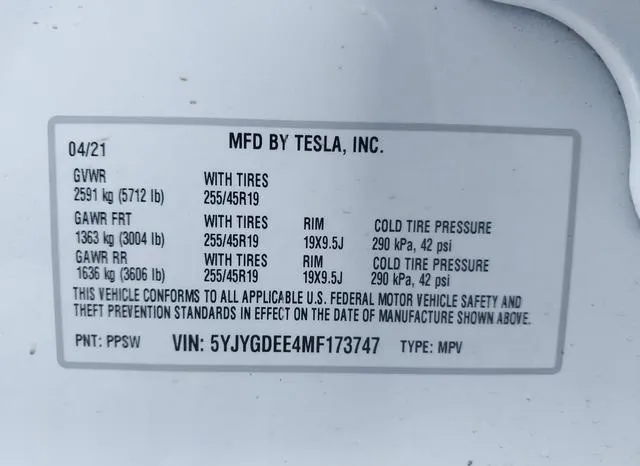 5YJYGDEE4MF173747 2021 2021 Tesla Model Y- Long Range Dual 9