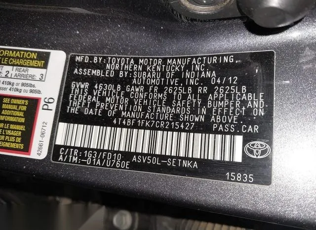 4T4BF1FK7CR215427 2012 2012 Toyota Camry- LE 9