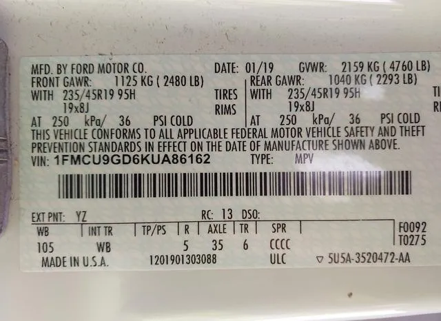 1FMCU9GD6KUA86162 2019 2019 Ford Escape- SE 9