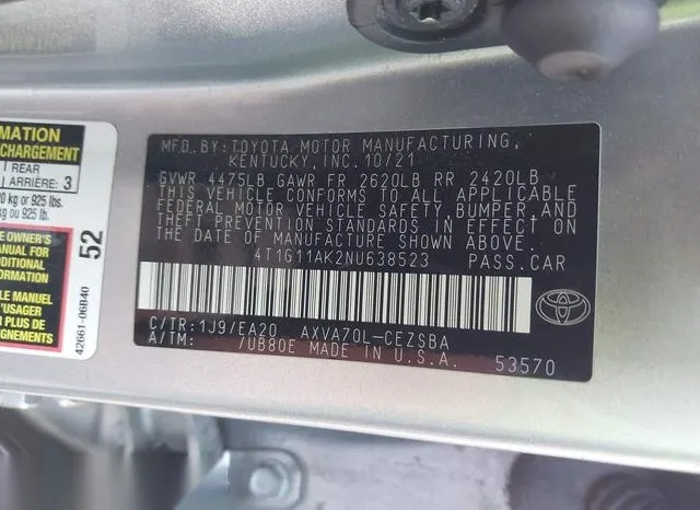 4T1G11AK2NU638523 2022 2022 Toyota Camry- SE 9