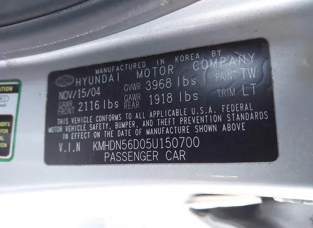 KMHDN56D05U150700 2005 2005 Hyundai Elantra- Gls/Gt 9