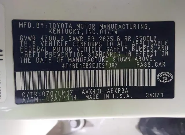 4T1BD1EB2EU024387 2014 2014 Toyota Avalon- Hybrid Limited 9