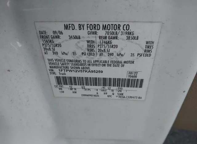 1FTPW12V57KA95259 2007 2007 Ford F-150- Lariat/Xlt 9