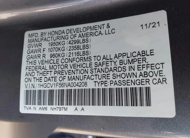 1HGCV1F56NA004208 2022 2022 Honda Accord- Ex-L 9