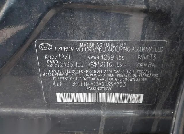 5NPEB4AC9CH354753 2012 2012 Hyundai Sonata- Gls 9