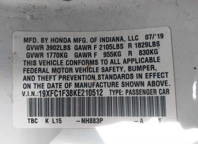 19XFC1F38KE210512 2019 2019 Honda Civic- EX 9