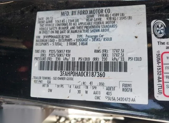 3FAHP0HA0CR187360 2012 2012 Ford Fusion- SE 9