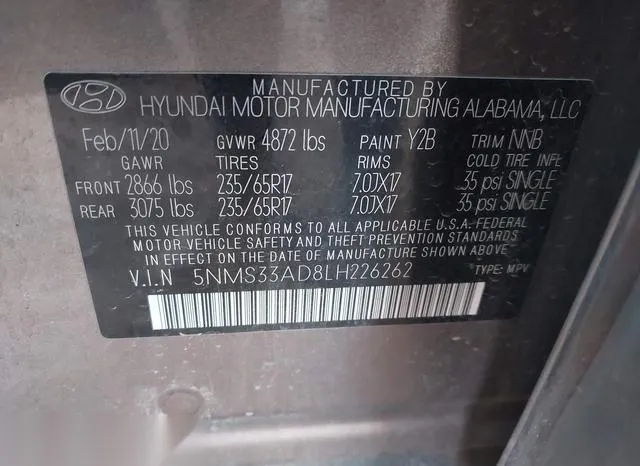 5NMS33AD8LH226262 2020 2020 Hyundai Santa Fe- Sel 9