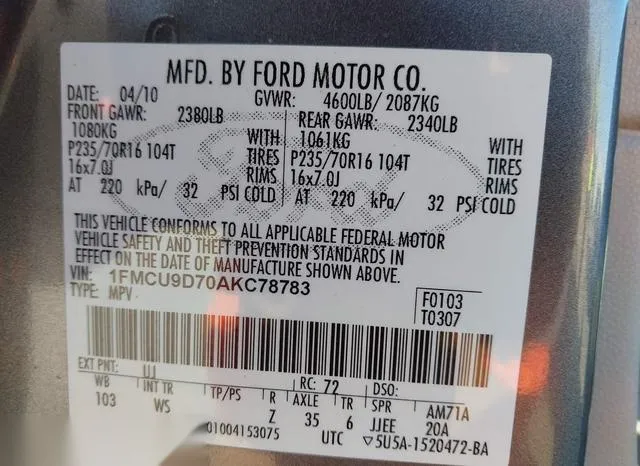 1FMCU9D70AKC78783 2010 2010 Ford Escape- Xlt 9