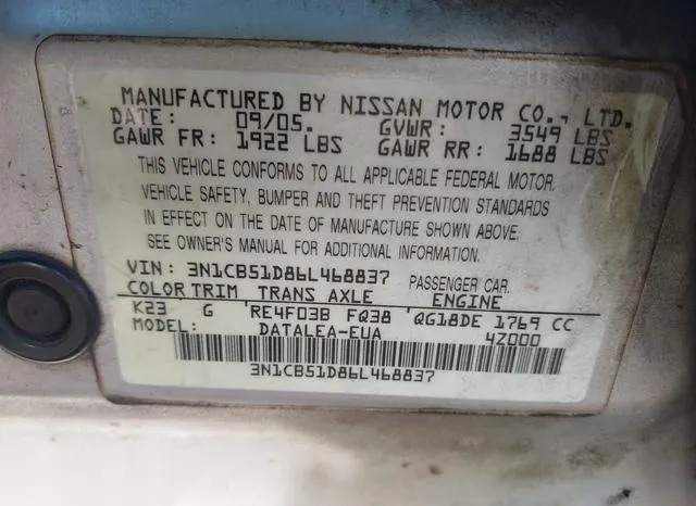 3N1CB51D86L468837 2006 2006 Nissan Sentra- 1-8S 9