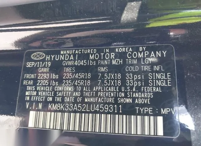 KM8K33A52LU459311 2020 2020 Hyundai Kona- Limited 9