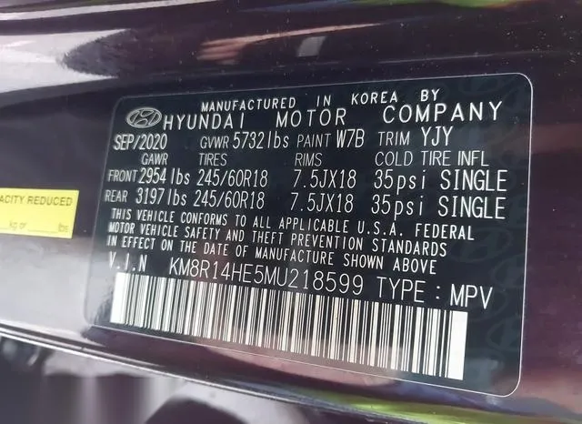 KM8R14HE5MU218599 2021 2021 Hyundai Palisade- SE 9