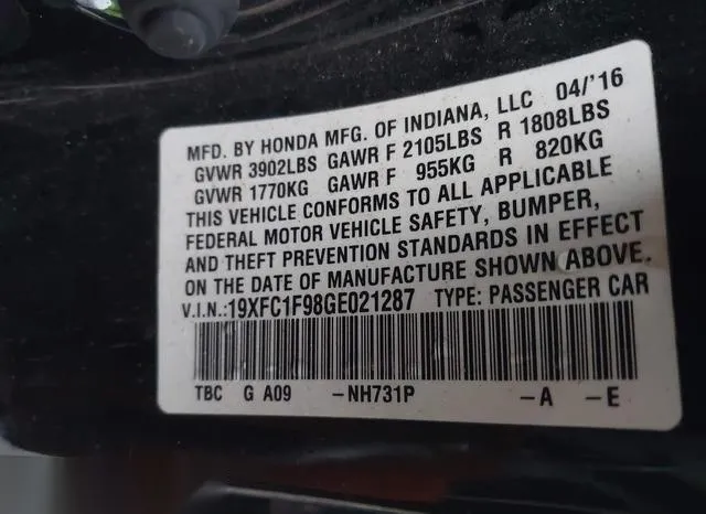 19XFC1F98GE021287 2016 2016 Honda Civic- Touring 9