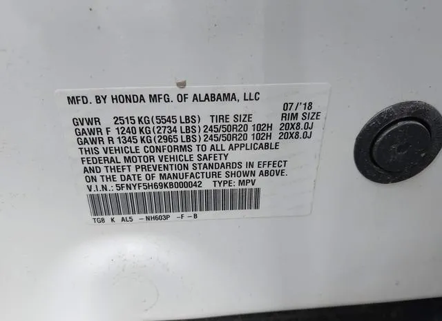 5FNYF5H69KB000042 2019 2019 Honda Pilot- Touring 9