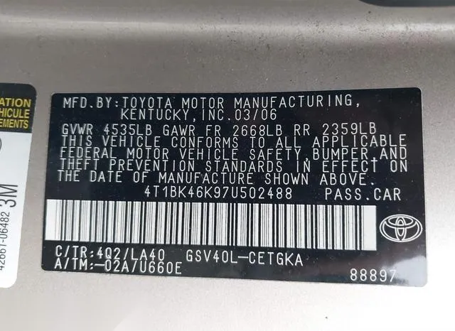 4T1BK46K97U502488 2007 2007 Toyota Camry- Xle V6 9