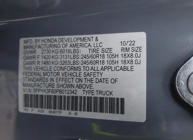 5FPYK3F80PB012342 2023 2023 Honda Ridgeline- Black Edition 9