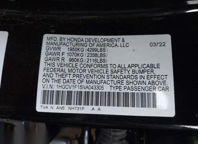 1HGCV1F15NA043305 2022 2022 Honda Accord- LX 9