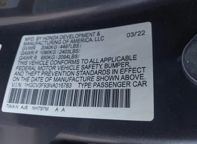 1HGCV3F93NA016783 2022 2022 Honda Accord- Hybrid Touring 9