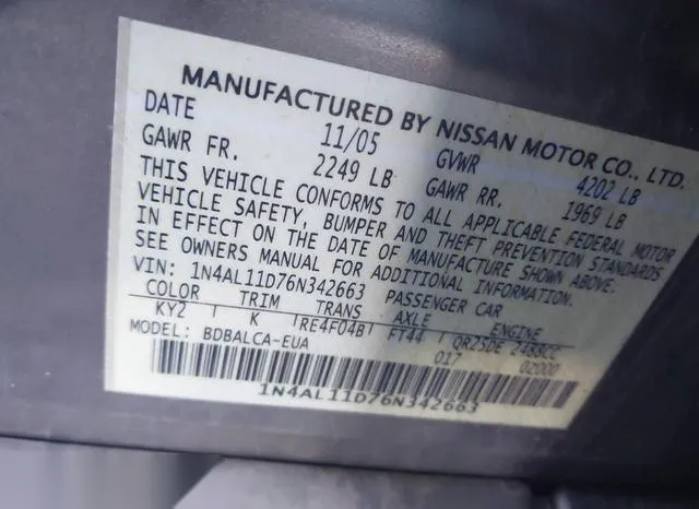 1N4AL11D76N342663 2006 2006 Nissan Altima- 2-5 S 9