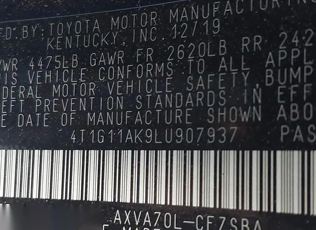 4T1G11AK9LU907937 2020 2020 Toyota Camry- SE 9