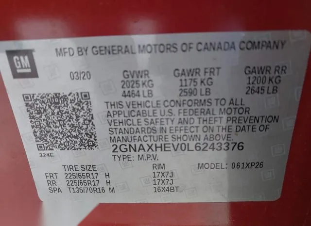 2GNAXHEV0L6243376 2020 2020 Chevrolet Equinox- Fwd Ls 9