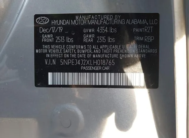 5NPEJ4J2XLH018765 2020 2020 Hyundai Sonata- Sel Plus 9