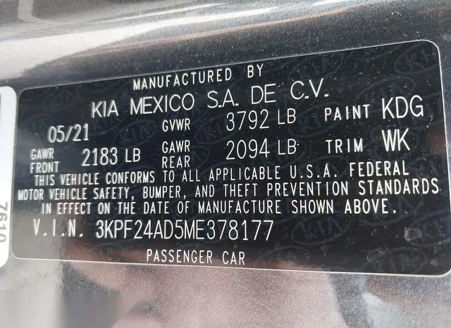 3KPF24AD5ME378177 2021 2021 KIA Forte- Lxs 9