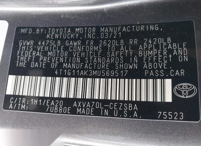 4T1G11AK3MU569517 2021 2021 Toyota Camry- SE 9