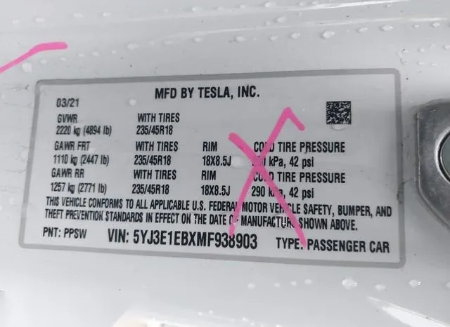 5YJ3E1EBXMF938903 2021 2021 Tesla Model 3- Long Range Dual 9