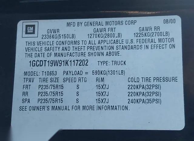 1GCDT19W91K117202 2001 2001 Chevrolet S10- LS 9