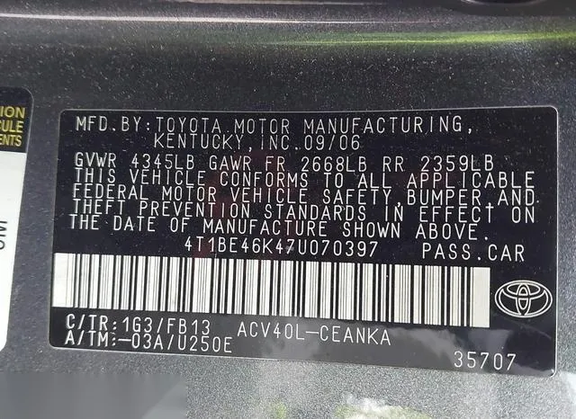 4T1BE46K47U070397 2007 2007 Toyota Camry- LE 9