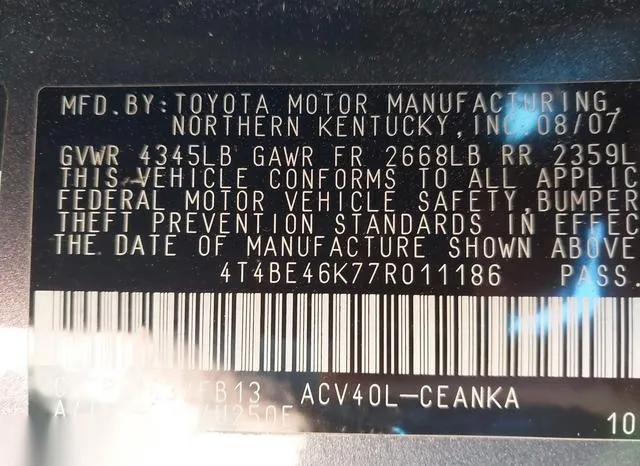 4T4BE46K77R011186 2007 2007 Toyota Camry- LE 9