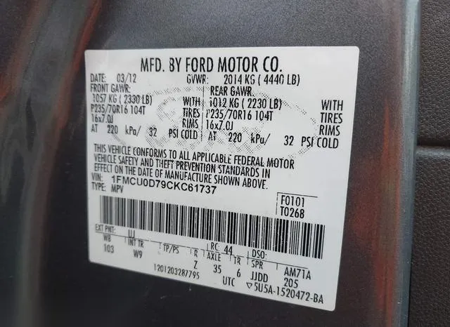 1FMCU0D79CKC61737 2012 2012 Ford Escape- Xlt 9