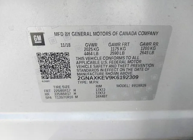 2GNAXKEV9K6192309 2019 2019 Chevrolet Equinox- LT 9