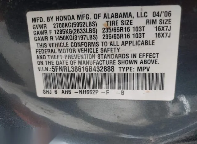 5FNRL38616B432888 2006 2006 Honda Odyssey- Ex-L 9