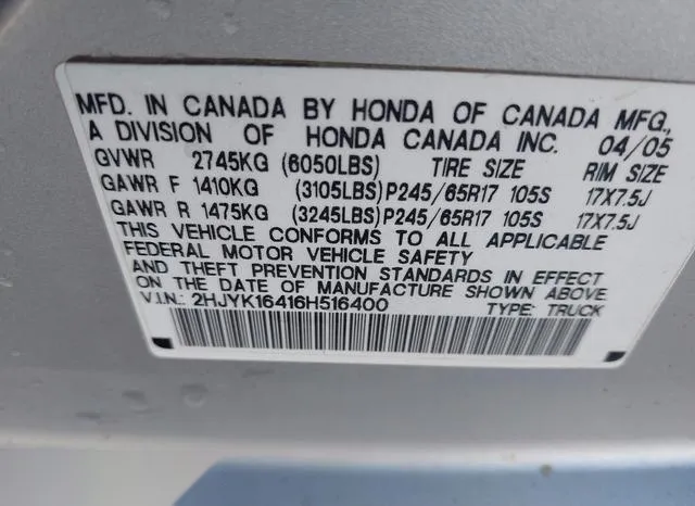 2HJYK16416H516400 2006 2006 Honda Ridgeline- Rts 9