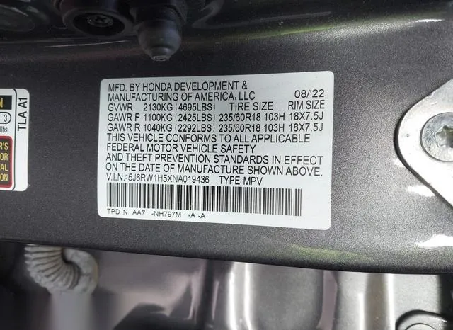 5J6RW1H5XNA019436 2022 2022 Honda CR-V- 2Wd Ex 9