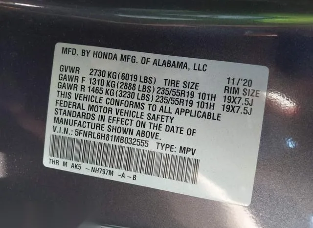 5FNRL6H81MB032555 2021 2021 Honda Odyssey- Touring 9