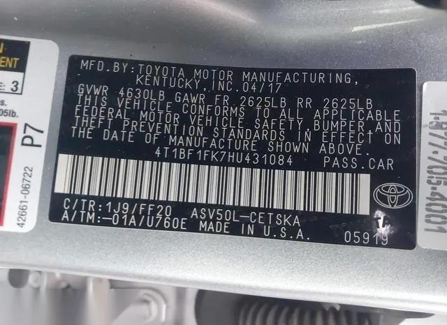 4T1BF1FK7HU431084 2017 2017 Toyota Camry- SE 9