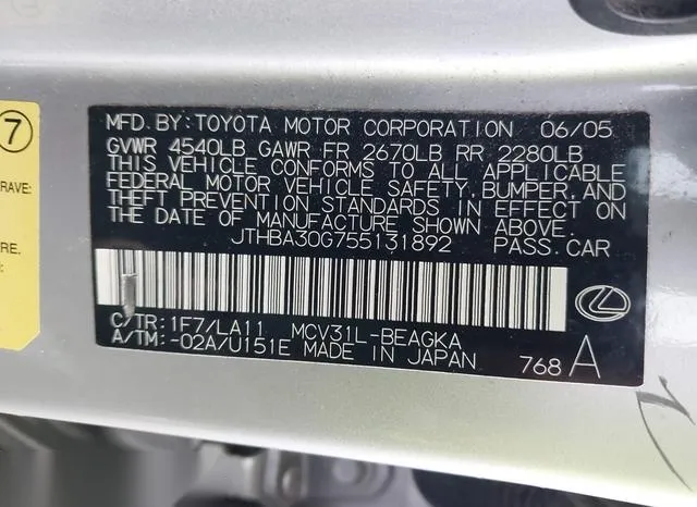 JTHBA30G755131892 2005 2005 Lexus ES- 330 9