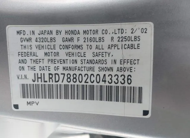 JHLRD78802C043336 2002 2002 Honda CR-V- EX 9