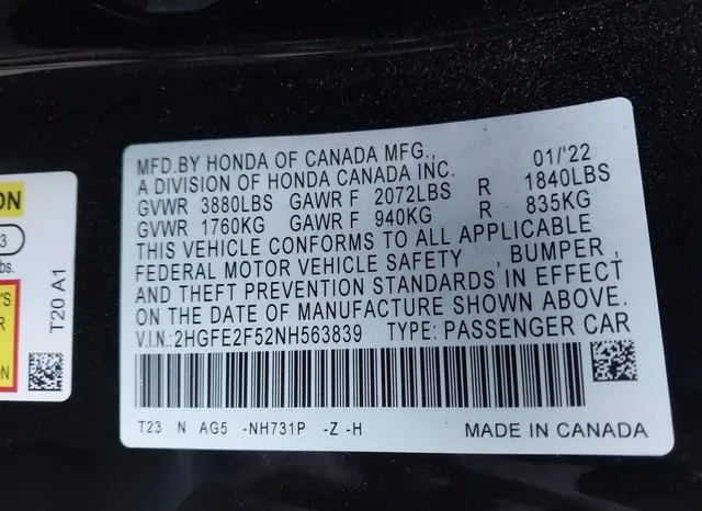 2HGFE2F52NH563839 2022 2022 Honda Civic- Sport 9