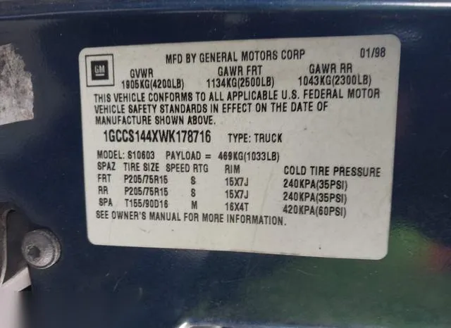 1GCCS144XWK178716 1998 1998 Chevrolet S10- Ls Fleetside 9