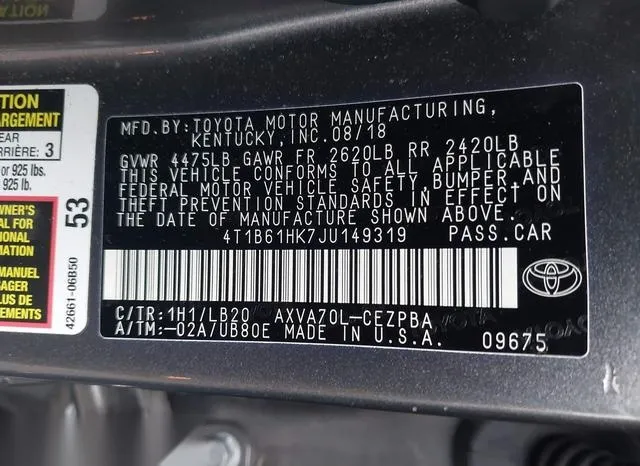 4T1B61HK7JU149319 2018 2018 Toyota Camry- Xse 9