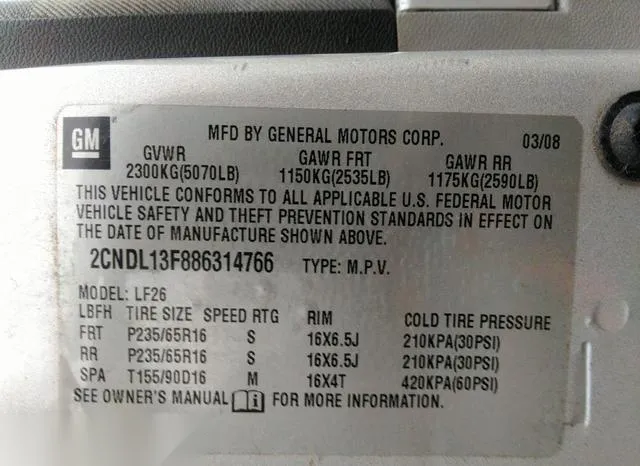 2CNDL13F886314766 2008 2008 Chevrolet Equinox- LS 9