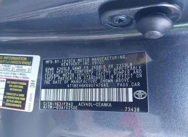 4T1BE46K68U747645 2008 2008 Toyota Camry- LE 9