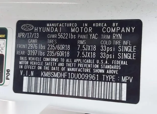 KM8SMDHF1DU009961 2013 2013 Hyundai Santa Fe- Gls 9