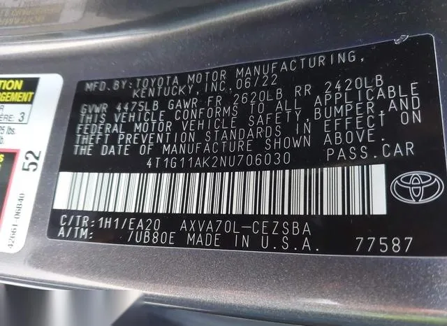 4T1G11AK2NU706030 2022 2022 Toyota Camry- SE 9