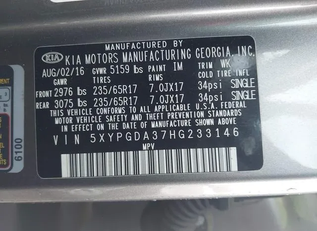 5XYPGDA37HG233146 2017 2017 KIA Sorento- 2-4L Lx 9