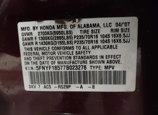 5FNYF18577B023276 2007 2007 Honda Pilot- Ex-L 9